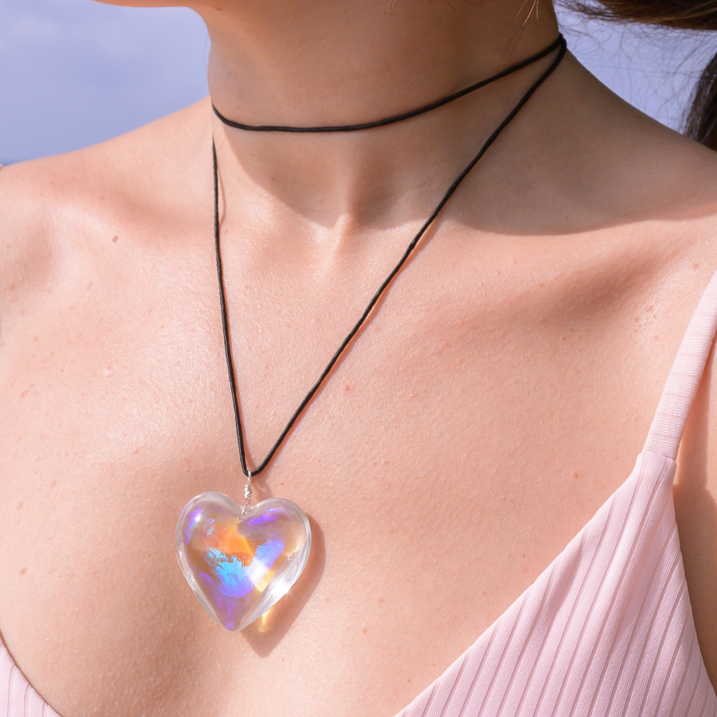 Hobie ⟡ Clear Aurora Borealis Puffy Heart Glass Vintage Necklace